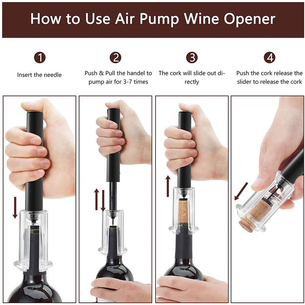 Wine Opener With Foil Cutter, Air Pressure Wine Bottle Opener Easy Cork Remover Corkscrew Stainless Steel Bar Accessories Kitchen Supplies Wine Air Pressure Bottle Opener Four-Piece Set Cylinder