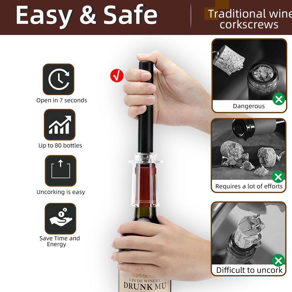 Wine Opener With Foil Cutter, Air Pressure Wine Bottle Opener Easy Cork Remover Corkscrew Stainless Steel Bar Accessories Kitchen Supplies Wine Air Pressure Bottle Opener Four-Piece Set Cylinder